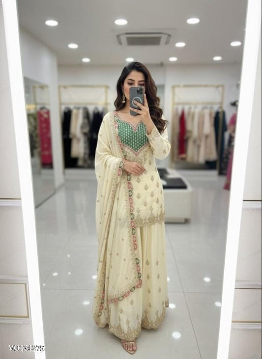 Chinon Silk Embroidered Suits Plazoo Set with Dupatta