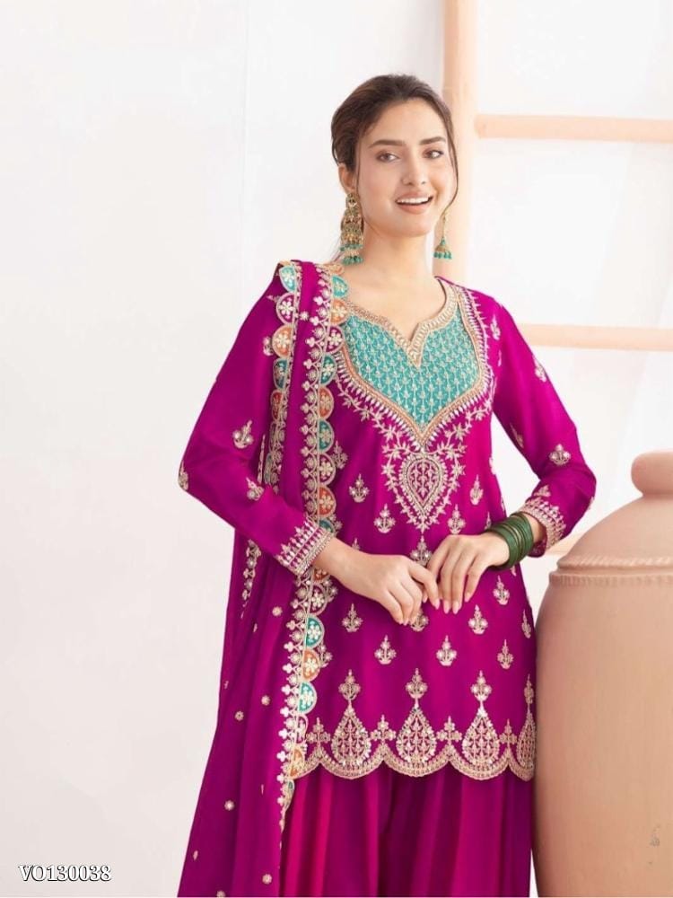 Chinon Silk Embroidered Suit Set With Palazzo And Dupatta For Lehengas & Shararas