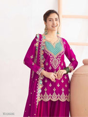 Chinon Silk Embroidered Suit Set With Palazzo And Dupatta For Lehengas & Shararas