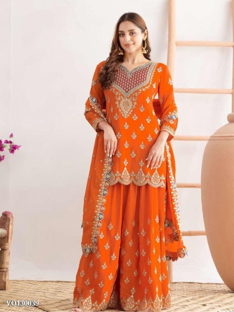 Chinon Silk Embroidered Suit Set With Palazzo And Dupatta For Lehengas & Shararas