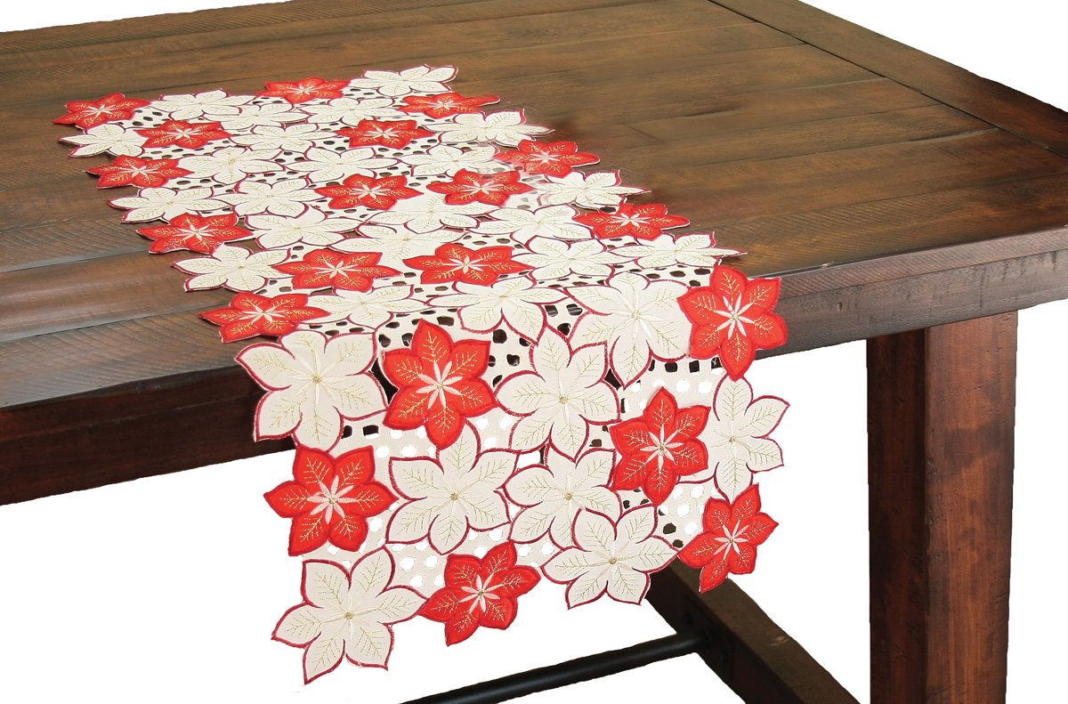 XD99022 Candy Cane Poinsettia Cutwork Mini Table Runner 12x28