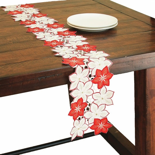 XD99022 Candy Cane Poinsettia Cutwork Mini Table Runner 12x28