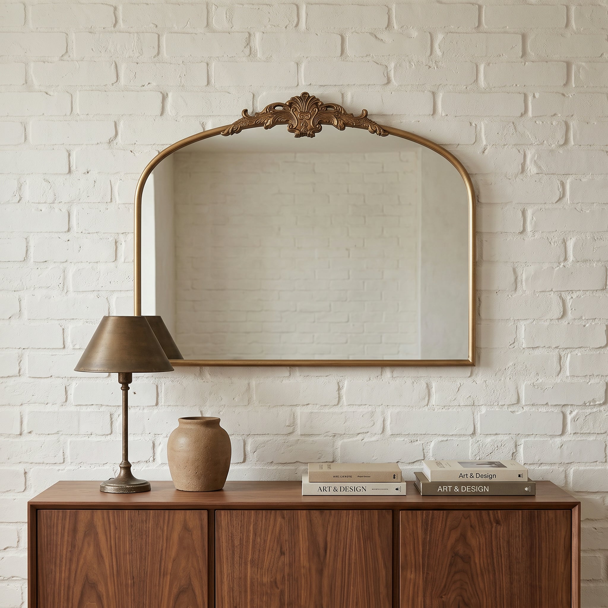 Wide French Baroque Arched Wall Mirror with Ornate Metal Frame for