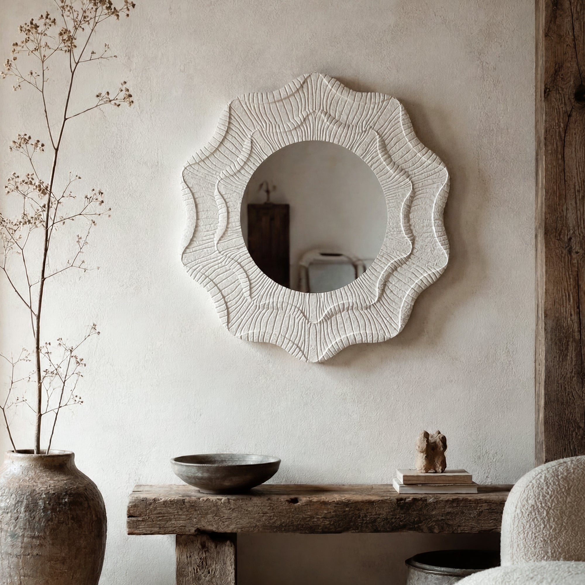 Round Cream Flower Wall Mirror with Wavy Frame for Decorative Home
