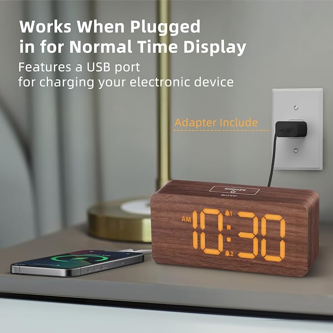 Wooden Digital Alarm Clock with Dual Alarms & Dimmable Display
