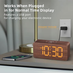 Wooden Digital Alarm Clock with Dual Alarms & Dimmable Display