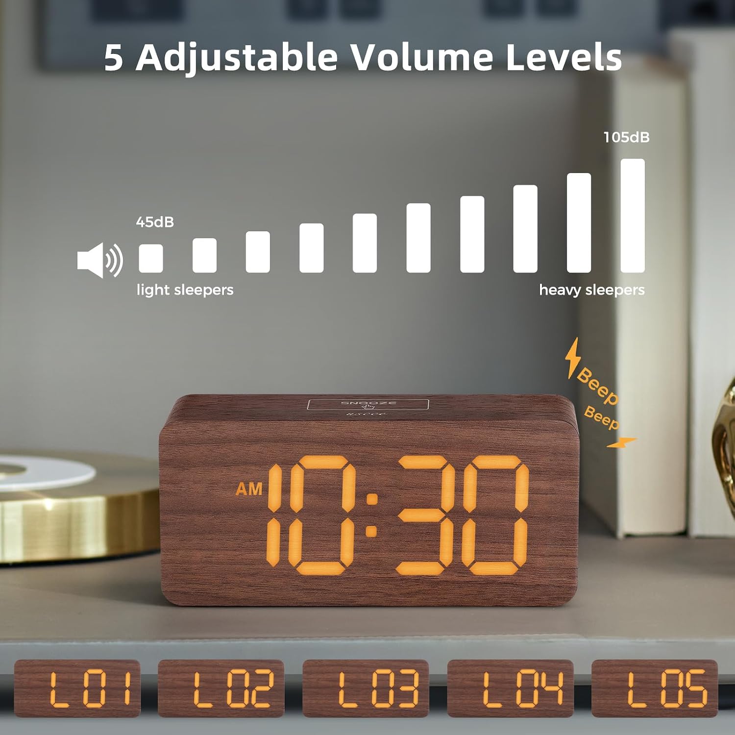 Wooden Digital Alarm Clock with Dual Alarms & Dimmable Display