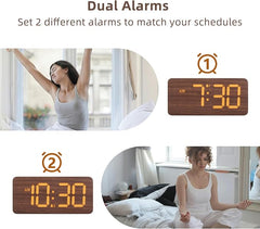 Wooden Digital Alarm Clock with Dual Alarms & Dimmable Display