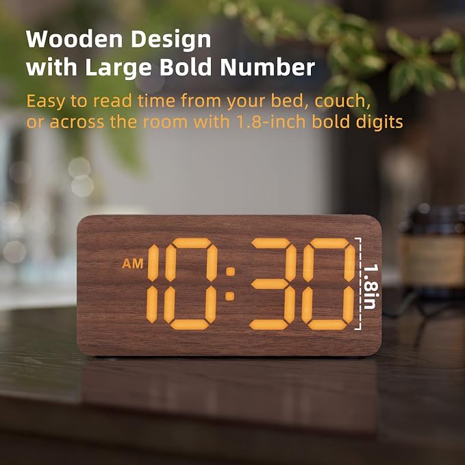 Wooden Digital Alarm Clock with Dual Alarms & Dimmable Display