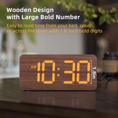 Wooden Digital Alarm Clock with Dual Alarms & Dimmable Display