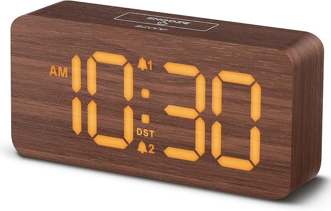 Wooden Digital Alarm Clock with Dual Alarms & Dimmable Display