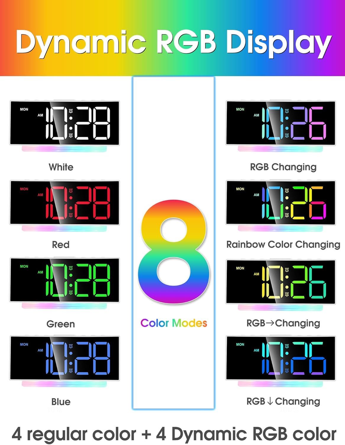 Modern Curved Cute Digital Alarm Clock,Colorful Led Display,Adjustable