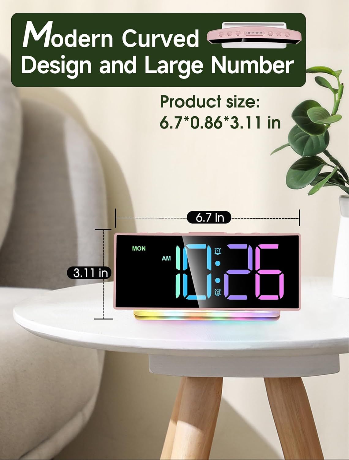 Modern Curved Cute Digital Alarm Clock,Colorful Led Display,Adjustable