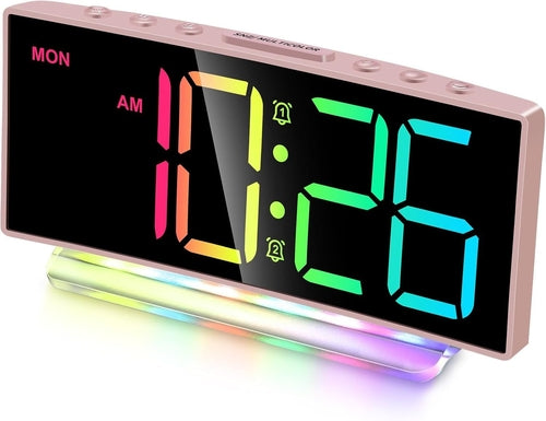 Modern Curved Cute Digital Alarm Clock,Colorful Led Display,Adjustable