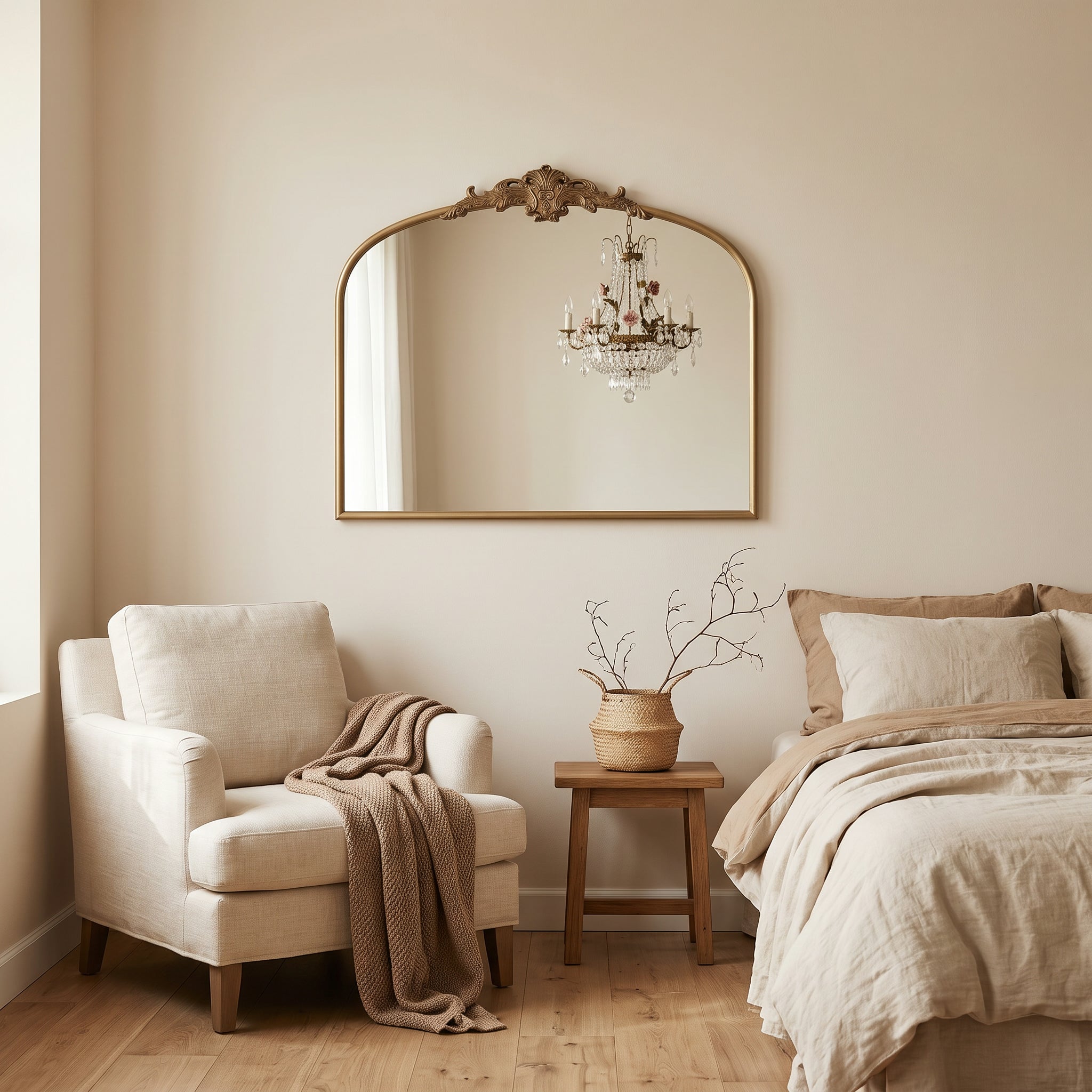 Wide French Baroque Arched Wall Mirror with Ornate Metal Frame for