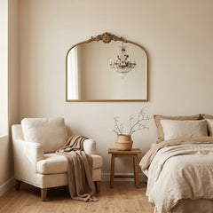 Wide French Baroque Arched Wall Mirror with Ornate Metal Frame for