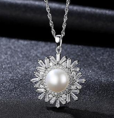 Pearl Necklace, Sterling Silver Necklace, Snowflake Pendant