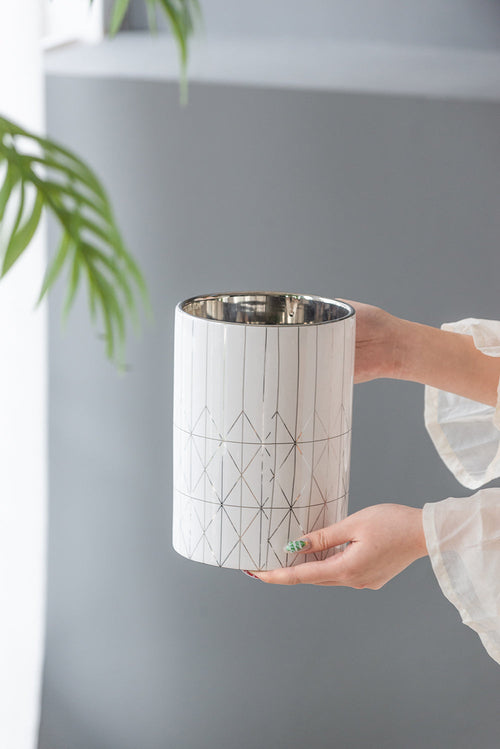 White & Silver Geometric Ceramic Planter, Available in 2 Sizes