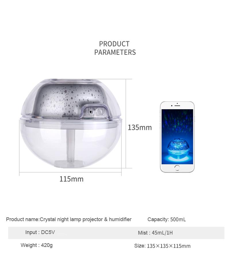 USB Crystal Night Lamp Projector 500ml Air Humidifier Desktop Aroma